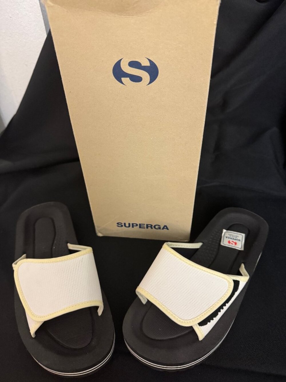 Superga slide cream with black cushioned sole new in box